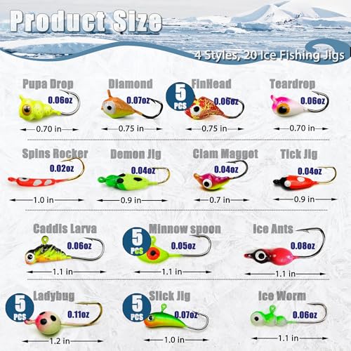 150/160/170Pcs Ice Fishing Jigs Lures Soft Plastic Worm Baits Kit, Micro Glow Winter Jig Heads Hooks for Walleye Crappie Panfish Trout, Ice Fishing Gear Equipment Tackle Accessories