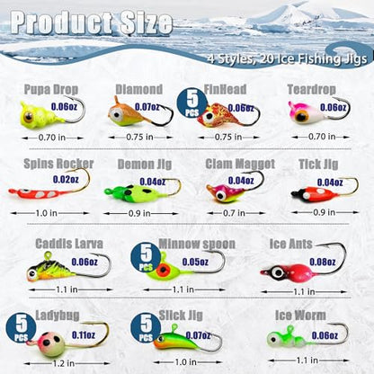 150/160/170Pcs Ice Fishing Jigs Lures Soft Plastic Worm Baits Kit, Micro Glow Winter Jig Heads Hooks for Walleye Crappie Panfish Trout, Ice Fishing Gear Equipment Tackle Accessories