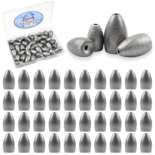 40Pcs Fishing Bullet Sinkers Worm Weights, Flipping Sinkers Slip Lead Weights for Bass Fishing Texas Rig Carolina Rig Saltwater Freshwater Fishing Tackle 1/8oz 3/16oz 1/4oz 3/8oz - size: ‎1/4oz-40pcs