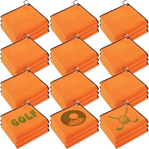 Batiyeer 12 Pcs Golf Towel Bulk for Golf Bags Microfiber Fabric Towel with Clip Waffle Pattern, Fitness, Camping, Hiking, Yoga - color: Orange