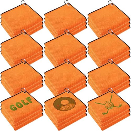 Batiyeer 12 Pcs Golf Towel Bulk for Golf Bags Microfiber Fabric Towel with Clip Waffle Pattern, Fitness, Camping, Hiking, Yoga - color: Orange