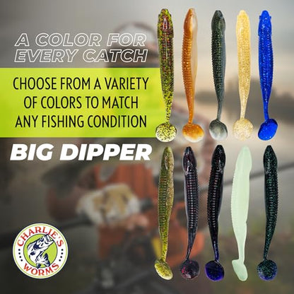 Charlie's Worms Big Dipper Scented Soft Bait for Freshwater & Saltwater Fishing, Paddle Tail Swimbait Lures, Plastic Minnows, Bass, Walleye, Trout, Snakehead, with Variety of Colors (5 Pack) - color: Houdini