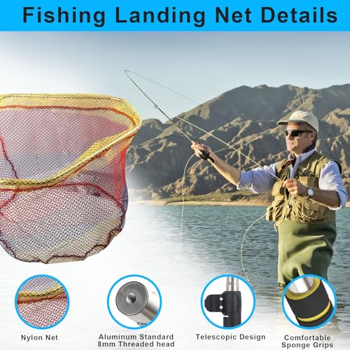 Fishing Landing Net, Fishing Net with Handle for Fishing with Splicing Extension Pole Handle Sturdy Stainless Steel Tubes Comfortable Sponge Handle, yellow - size: 65inch (TELESCOPIC black)