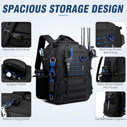 Fishing Tackle Backpack with Tackle Boxes, Two Rod Holders, Bottle Holder, 50L Waterproof Tackle Bag for Fishing Gear, Fish Gifts for Men, Black (4 Tackle Boxes Included - color: Black（4 Tackle Boxes Included）