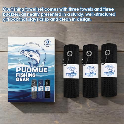 Puomue 3 Pack Microfiber Fishing Towels with Clip, 16" X 16", Waffle Pattern for Effective Cleaning of Fishing Gears or Dirty Hands, Perfect for Camping Towels and Hiking Towles (Black, 16"X16") - color: Black