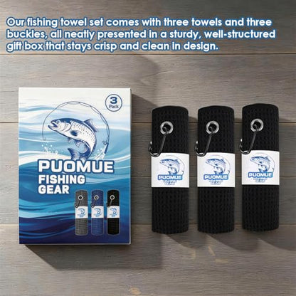 Puomue 3 Pack Microfiber Fishing Towels with Clip, 16" X 16", Waffle Pattern for Effective Cleaning of Fishing Gears or Dirty Hands, Perfect for Camping Towels and Hiking Towles (Black, 16"X16") - color: Black