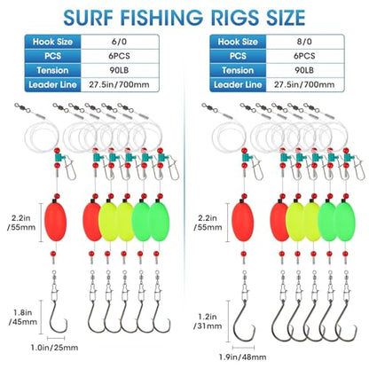 3/6PCS Pre-Tied Fish Finder Rig for Surf Fishing Saltwater Fish Finder Rigs for Shark Bluefish Stripers Bass Surf Fishing Tackle & Gear with 90LB Leader Line, Float, Circle Hook 6/0 8/0 - size: HOOK SIZE: 8/0-6PCS