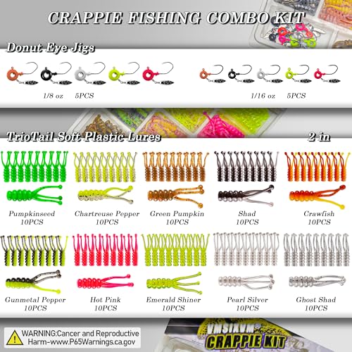 Crappie Lures Jig Heads Worms Swimbaits Kit, 110 Pcs Underspin Crappie Fishing Jig Heads Soft Plastic Grub Baits for Panfish Bluegill Bass Trout Freshwater Saltwater - color: 110Pcs - Crappie Jigs, Split TriTail Grub