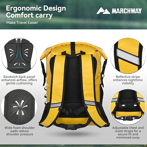 MARCHWAY Roll Top Waterproof Backpack, Floating Dry Bag 20L/30L/45L with Ergonomic Rectangular Base, Cushioned Back, Hip Strap for Hiking Camping Kayaking Travel (Yellow, 20L) - color: Yellow, size: 20L