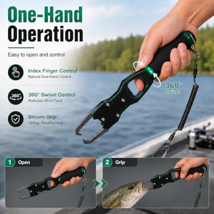 XKCZ 2-in-1 Fish Gripper with Scale, 40lb Fish Lip Gripper, One-Hand Fish Grabber with 360° Swivel, CNC-Machined Aluminum Fishing Gripper Tool with Lanyard for Bass, Saltwater Freshwater Fishing