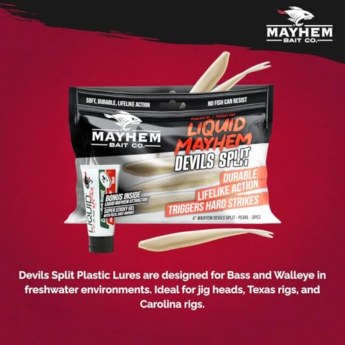 Liquid Mayhem Devils Split 4” – Soft Plastic Lures for Bass & Walleye with Fast Darting Action – Includes Bonus 10ml Attractant – 6 Baits Each Pack - size: 4" Kit - 3 Pack, style: Pearl