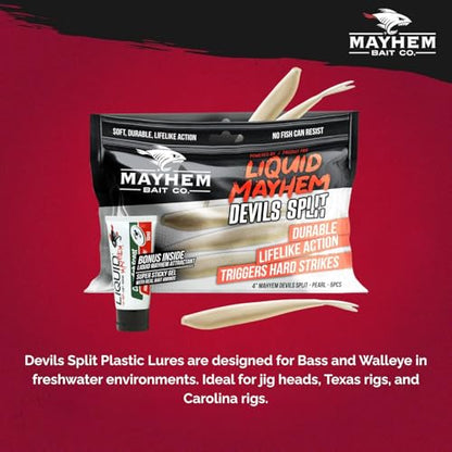 Liquid Mayhem Devils Split 4” – Soft Plastic Lures for Bass & Walleye with Fast Darting Action – Includes Bonus 10ml Attractant – 6 Baits Each Pack - size: 4" Kit - 3 Pack, style: Pearl