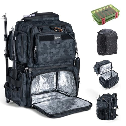 Goture Fishing Backpack with 2 Tackle Boxes, 53L 600D Water-Resistant Tackle Backpack with Cooler,Rod Holders, 8 Lure Pockets, Rain Cover, Large Fishing Bag Storage Gear Tackle Bag for Camping Hiking - color: C2:53L Insulated Camo(With 2 3600 Tackle Boxes