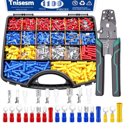 Tnisesm 1100PCS Wire Connector Kit with Crimping Tool, Copper Insulated Electrical Wire Terminals - Ring, Butt, Spade, Fork, Assorted Crimp Connectors in Reusable Carrying Case - color: 1100PCS+Crimping Tool