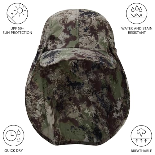 BASSDASH UPF 50+ Foldable Fishing Hat Baseball Cap with Removable Neck Flap Portable for Men Women Golf Hiking - color: Grunge Camo With Unfoldable Brim