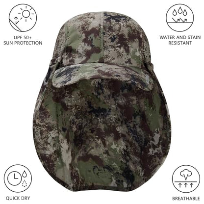 BASSDASH UPF 50+ Foldable Fishing Hat Baseball Cap with Removable Neck Flap Portable for Men Women Golf Hiking - color: Grunge Camo With Unfoldable Brim