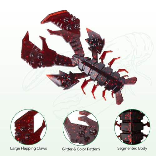 4.1" Crawfish Lure for Bass Fishing, Soft Plastic Craw Bait Kit with Removable Rattles & Jig Head, Reusable Bait Box for Freshwater Bass - color: red