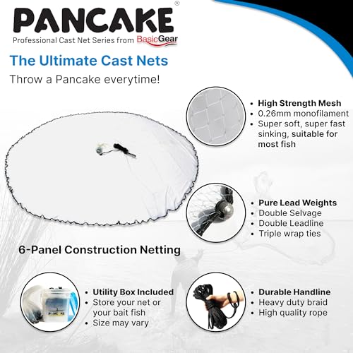 BasicGear Pancake Cast Net – Heavy-Duty 1.0+ lb/ft Weights, 4ft to 12ft Radius, Multiple Mesh Sizes, Pro Grade, Freshwater & Saltwater - size: 12ft Radius, style: 1.25 Lb, 1 1/4" Sq Mesh
