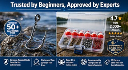 Smaky Fishing Tackle Kit Beginners Equipment 80 Pcs-Includes Fishing Hooks Bobbers Circle Octopus Hooks Sinkers| Starter Kit for Artificial and Live Baits (80-Pcs)