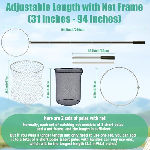 2 Sets Chicken Catching Net Extra Thick 2 Poles 5.25 FT Poultry Fishing Net Extendable Landing Animal Catcher for Bird, Chicken, Goose, Ducks, Fish(2 Nets, 1 Hook, 2 Poles, 46 Inches)