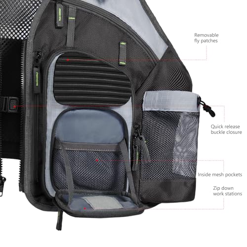BASSDASH Strap Fishing Vest Adjustable for Men and Women, for Fly Bass Fishing and Outdoor Activities - color: Charcoal Grey