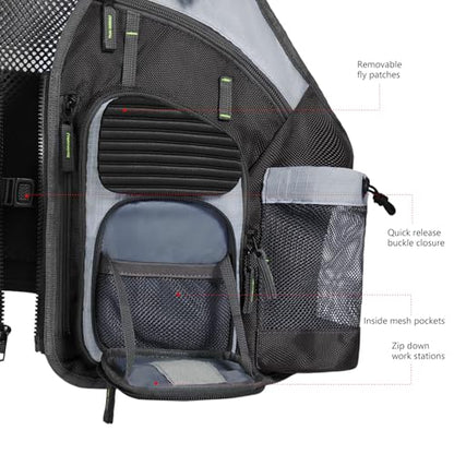 BASSDASH Strap Fishing Vest Adjustable for Men and Women, for Fly Bass Fishing and Outdoor Activities - color: Charcoal Grey