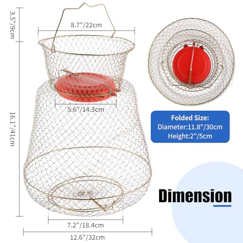 Floatable Galvanized Steel Wire Fish Baskets, Collapsible Floatable Wire Fish Baskets,Portable Fishing Basket Fishing Net Cage (2 Pack)
