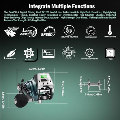 Digital Baitcasting Fishing Reel with LCD Display,8 oz Ultralight Electric Baitcaster Reel, 22-35 Lb Max Drag,6.3:1/7.2:1 Gear Ratio,Left/Right Handed,Compact Design for Freshwater & Saltwater - color: Greener-Left Hand, size: 35Lb-12 Smart-Solar Panel