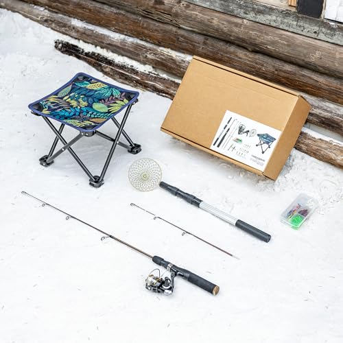 Gonex Ice Fishing Rod Reel Combo Medium Light Carbon Fiber Fiberglass Portable Complete Kit Include Skimmer Spare Rod Spinning Ice Fishing Reel Ice Jig Folding Stool for Winter Fishing - size: 30in, Medium Light
