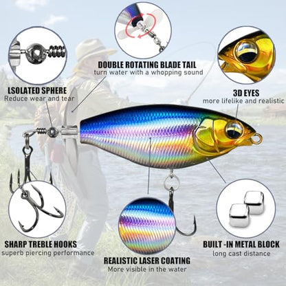 Topwater Fishing Lures with Floating Rotating Tail,Floating Lure for Bass Catfish, Water Fishing Lure for Freshwater or Saltwater, 5pcs with Storage Box.