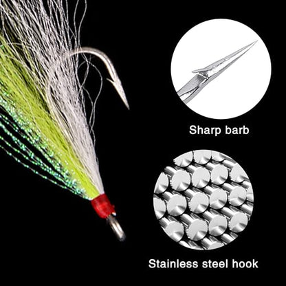 Bucktail Teasers Fishing Hooks Saltwater Flounder Rig Bucktail Mylar Teasers Inserted Stainless Steel Fishing Teaser Hooks for Striped Bass Trout Catfish Cod Flounder Hi/Lo Rig Jigs Spoons Lures - color: Green, size: 6pcs