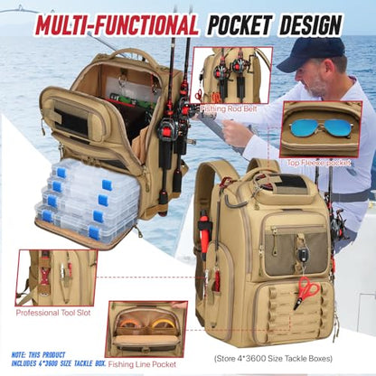 Fishing Tackle Backpack, 40L Tackle Bag with 2 Rod Holders & 4 Tackle Boxes,Water-Resistant Large Storage Fishing Gear and Equipment, Fisher Gifts for Men, Khaki - color: B-Khaki with 4 Tackle Boxes