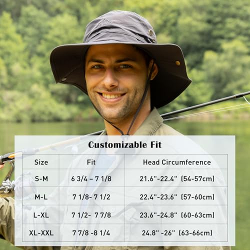 Oversize XL XXL Large Wide Brim Waterproof UPF 50+ Bucket Sun Summer Travel Fishing Hiking Fisherman Hat Detachable Chin - color: 000702_light Grey, size: Small-Medium