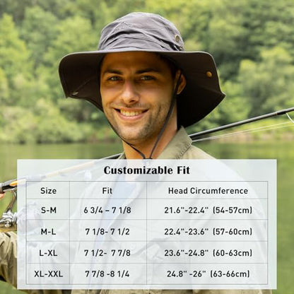 Oversize XL XXL Large Wide Brim Waterproof UPF 50+ Bucket Sun Summer Travel Fishing Hiking Fisherman Hat Detachable Chin - color: 000702_black, size: Medium-Large