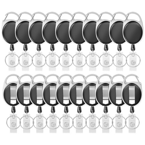 Retractable Badge Holder with Carabiner Reel Clip and Key Ring for ID Card Key Keychain Holders Black 20 Pieces by moeverEX - style: Black-20pcs