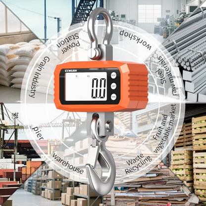 1000kg Digital Crane Scale & Hanging Scale - Aluminium House Stainless Steel Handle| Multi-Use for Gym, Hunting, Travel (Luggage), Farming, Fishing | High-Precision LCD Display, Orange