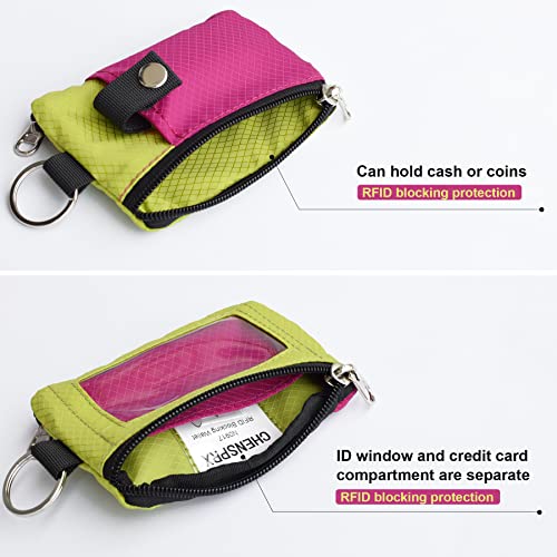 CHENSPRX Minimalist RFID Blocking Small Wallet with ID Window,WaterResistant Zip Id Case Wallet with Lanyard Keychain for Cards,Cash,Travel,Women,Men - color: RoguePink+YellowGreen