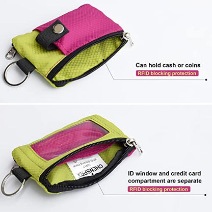 CHENSPRX Minimalist RFID Blocking Small Wallet with ID Window,WaterResistant Zip Id Case Wallet with Lanyard Keychain for Cards,Cash,Travel,Women,Men - color: RoguePink+YellowGreen