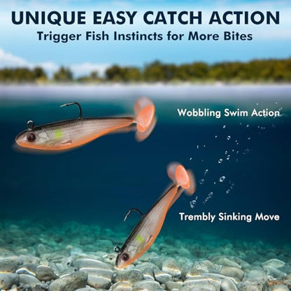 TRUSCEND Shadtale Easy Catch Soft Fishing Lures with BKK Hooks - Trembly Sinking and Vibrating Swim for More Bites, Pre-Rigged Swimbaits for Bass, Trout, Crappie, Walleye, Freshwater Saltwater Fishing - color: 3",0.23oz