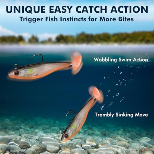 TRUSCEND Shadtale Easy Catch Soft Fishing Lures with BKK Hooks - Trembly Sinking and Vibrating Swim for More Bites, Pre-Rigged Swimbaits for Bass, Trout, Crappie, Walleye, Freshwater Saltwater Fishing - color: 3",0.23oz