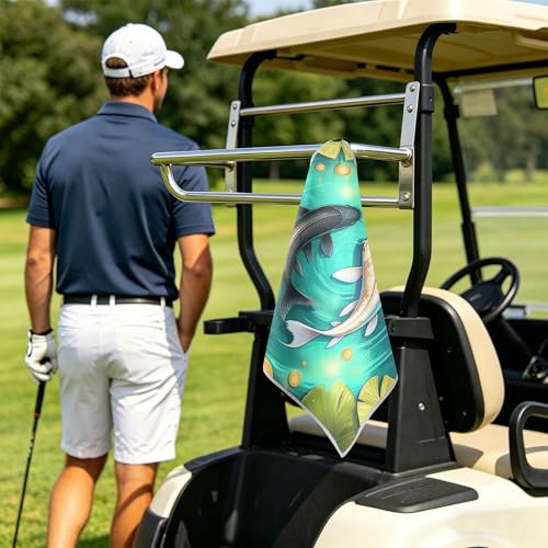 Fish 2 Pack Waffle Pattern Golf Towels, 17.7"x17.7" Square Golf Towel with Carabiner Clip and Magnetic Snap for Cleaning Golf Ball, Club