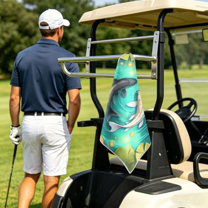 Fish 2 Pack Waffle Pattern Golf Towels, 17.7"x17.7" Square Golf Towel with Carabiner Clip and Magnetic Snap for Cleaning Golf Ball, Club