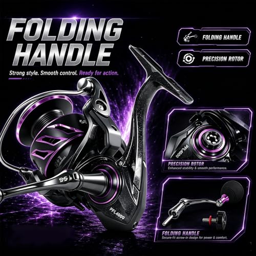 SOUGA Spinning Reel, Black Purple Metal Body Fishing Reel for Bass Pike Freshwater Light Saltwater, 9+1 BB, 5.2:1 Gear Ratio, CNC Aluminum Spool, Foldable Left Right Handle, EVA Knob,Size 1000-4000 - size: 4000