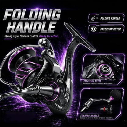 SOUGA Spinning Reel, Black Purple Metal Body Fishing Reel for Bass Pike Freshwater Light Saltwater, 9+1 BB, 5.2:1 Gear Ratio, CNC Aluminum Spool, Foldable Left Right Handle, EVA Knob,Size 1000-4000 - size: 4000