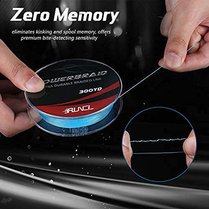 RUNCL PowerBraid Fishing Line 4/8/9 Strands, Braided Fishing Line 300/500/1000Yds - Seamless Weaving Tech, Enhanced Coating Tech, Zero Stretch, High Sensitivity, Smaller Diameter - Braid Line 15-115LB - color: Blue, size: 15LB-1000yds(4 Strands)