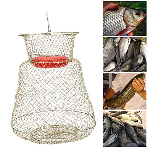 Floating Fish Basket, Sturdy Stainless Steel Collapsible Fishing Net Cage with Spring Door, Portable Foldable Round Metal Fish Trap for Shrimp Crab Trout Outdoor Fishing