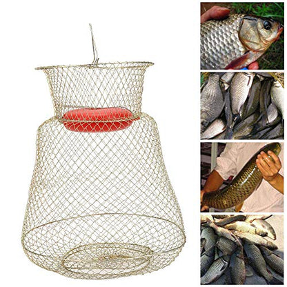 Floating Fish Basket, Sturdy Stainless Steel Collapsible Fishing Net Cage with Spring Door, Portable Foldable Round Metal Fish Trap for Shrimp Crab Trout Outdoor Fishing