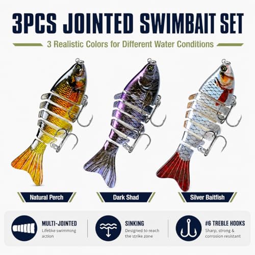 Rattling Fishing Lures 3 Pack, Multi-Jointed Swimbaits with Treble Hooks, Lifelike S-Swimming Hard Baits for Bass, Trout, Crappie & Perch