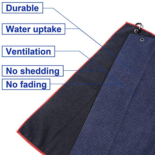 2 Pack 16" x 24" Tri-fold Golf Towel Set, Microfiber Fabric Waffle Pattern Towels, Heavy Duty Carabiner Clip (2 Pcs, 2 Colors) - color: 3: Black (Red Edge) + Navy Blue (Black Edge)