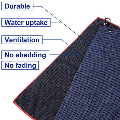2 Pack 16" x 24" Tri-fold Golf Towel Set, Microfiber Fabric Waffle Pattern Towels, Heavy Duty Carabiner Clip (2 Pcs, 2 Colors) - color: 3: Black (Red Edge) + Navy Blue (Black Edge)
